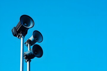 Alarm siren and speakers mounted on a pole against a blue sky, representing public alarms and emergency warning systems.