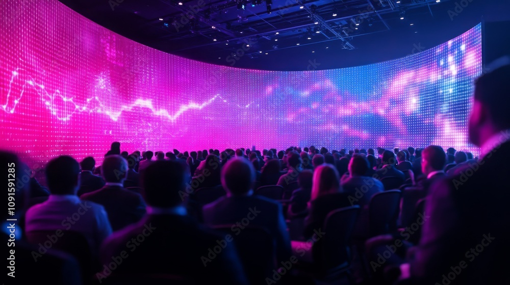 Poster attendees gather in a spacious venue featuring vibrant visual displays that create an immersive atmo