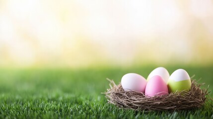 Obraz premium Easter Background with Colorful Eggs in a Nest on Green Grass, Perfect for Festive Designs