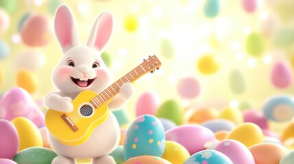Obraz premium Joyful Easter Bunny Playing Guitar Surrounded by Colorful Eggs in a Fun and Festive Scene