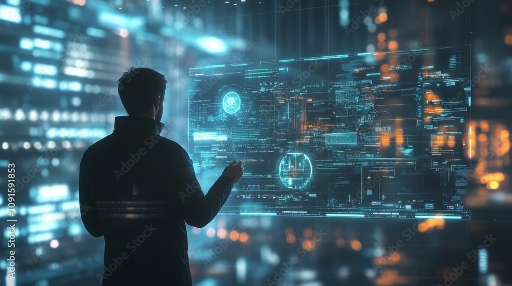 Poster A figure stands facing a glowing digital display filled with data and visualizations, immersed in a high-tech setting that glimmers with light during the nighttime.
