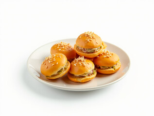 A plate holds several mini burgers topped with crunchy bits, perfect for sharing at a casual gathering or event