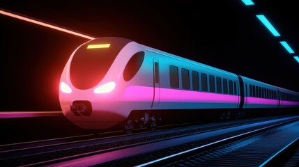 Fototapeta premium Futuristic Neon Train Arriving at Night Station