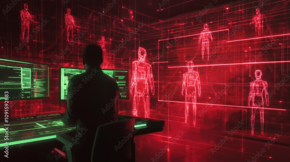 Aufkleber In a dimly lit room, a coder interacts with multiple computer screens showcasing vibrant green and red holographic figures. The atmosphere conveys a high-tech environment focused on data analysis.