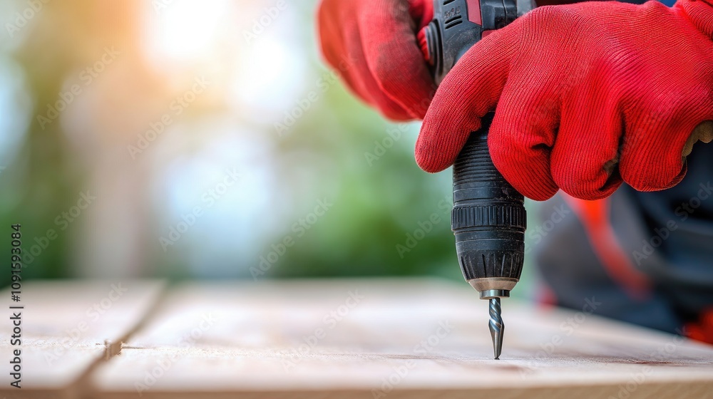 Poster hands in red gloves skillfully using a drill to build a sturdy wooden fence in a vibrant garden sett