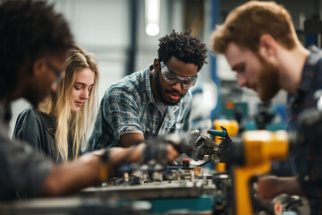 Adults Learning Hands-On Skills in Vocational Training with Tools and Equipment.