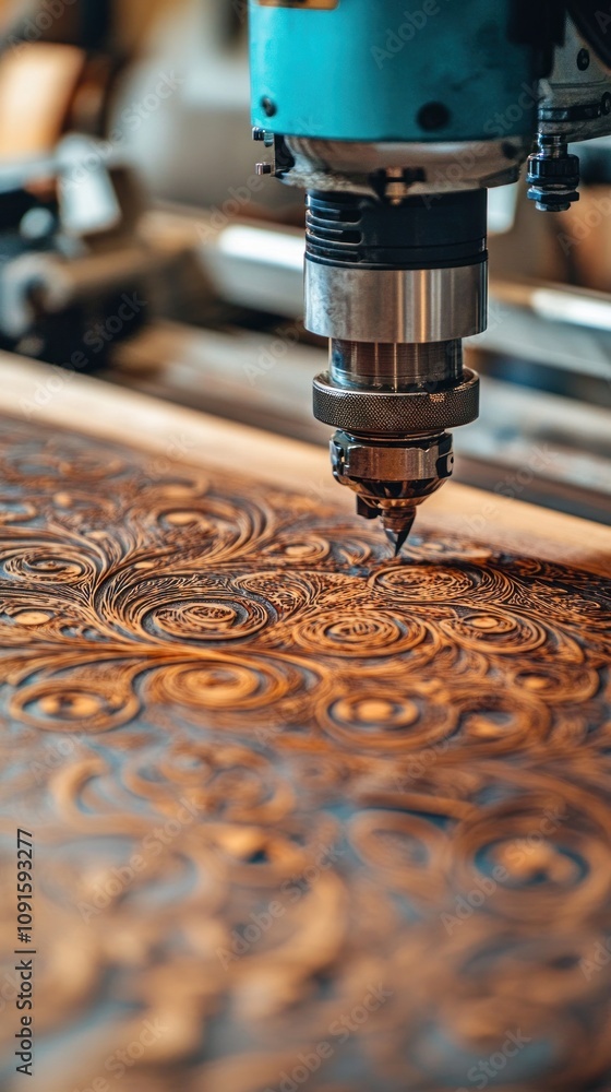 Poster intricate close-up of cnc machine engraving ornate patterns on wood surface using high precision tec