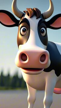 vertical 9:16 3d cow in a meadow cartoon digital art