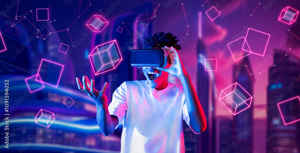 Poster african man excited while playing game in metaverse and looking at shape. smart player with casual c