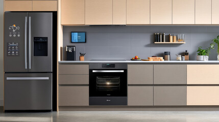 Smart Kitchen: Modern Appliances, Integrated Technology, Sleek Design, Stainless Steel, Gray Cabinets