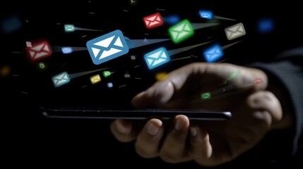 A businessman uses his mobile phone to receive emails, with a white and colorful envelope floating icon for new messages floating above him on a black background