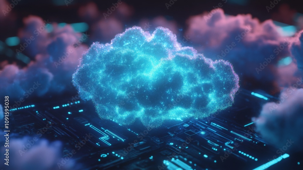 Poster A vibrant digital cloud emanates a blue glow, floating above an intricate circuit board. This captivating visual blends technology and imagination, creating an otherworldly atmosphere.