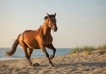 Chestnut Horse Galloping on Sandy Beach at Sunset