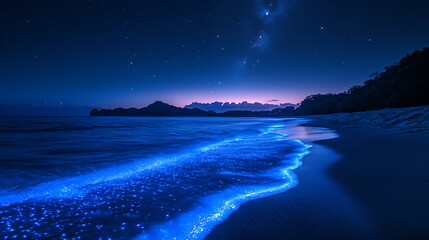 Bioluminescent waves illuminating coastal beach at night with mountain