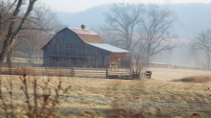 Obraz premium A hazy view of the barn and chicken coop at the farm.