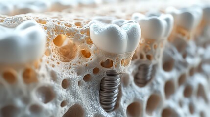  3D animation still of dental implant fusing with jawbone, illustrating osseointegration process with magnified details of bone and implant interactions.