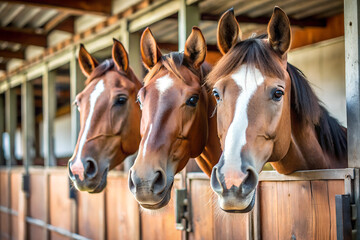 Obraz premium Portrait of three funny smiling horses heads in their stable. Equestrian horse riding concept