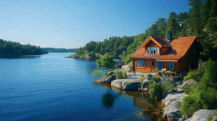 Obraz premium Photography capturing the serene beauty of the Stockholm archipelago, with vibrant blue waters, rocky islands, and quaint wooden houses overlooking the shoreline.