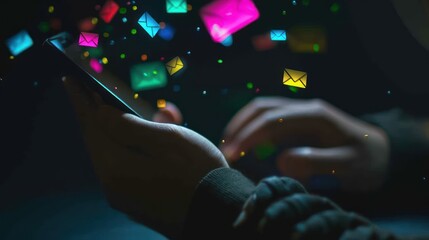 A businessman uses his mobile phone to receive emails, with a white and colorful envelope floating icon for new messages floating above him on a black background