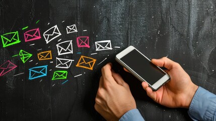 A businessman uses his mobile phone to receive emails, with a white and colorful envelope floating icon for new messages floating above him on a black background