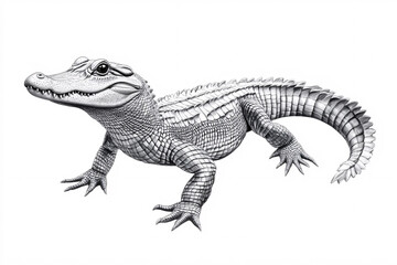 Obraz premium Highly Detailed Monochromatic Illustration of an Alligator with Textured Scales and Defined Jawline in Black-and-White
