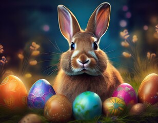 Un conejo de pascua, con huevos de pascua de diferentes colores.