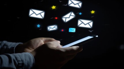 A businessman uses his mobile phone to receive emails, with a white and colorful envelope floating icon for new messages floating above him on a black background