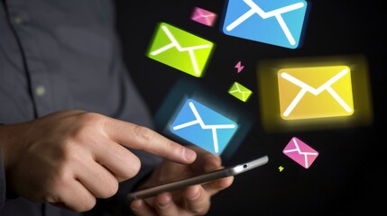 A businessman uses his mobile phone to receive emails, with a white and colorful envelope floating icon for new messages floating above him on a black background