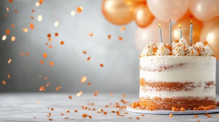 A three-candle cake with orange confetti captures a celebratory mood against a backdrop of peach balloons, blending warmth, joy, and indulgence in a festive harmony.