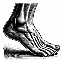 Anatomical Foot Study with Bone Structure Vector Illustration in Woodcut Engraving Style