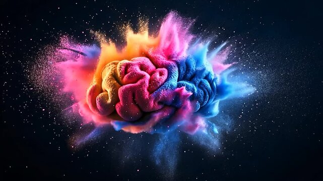 Human brain explodes with splashes of colorful particles. Represents creativity, innovation, imagination
