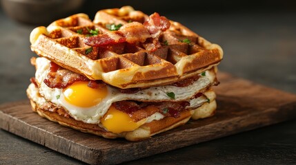 A delicious waffle sandwich features layers of crispy bacon and perfectly cooked sunny-side-up eggs, with golden waffles adding a classic gourmet touch.