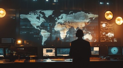 Fototapeta premium In a bustling control room, a person stands facing a large world map illuminated on the wall. Multiple monitors show data, charts, and visualizations as evening light filters into the space.