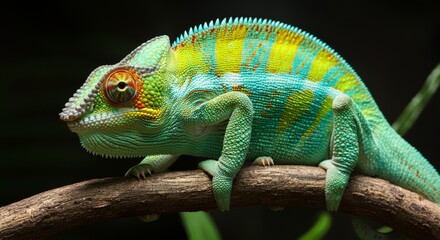 Fototapeta premium Green Chameleon detailed animal ultra realistic, close up macro photography, wild nature photograpgy
