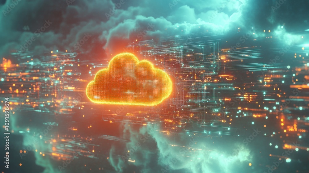 Poster A dynamic representation of cloud computing technology features a glowing cloud amid swirling digital data streams, illustrating the speed and connectivity of the digital world in modern clouds.