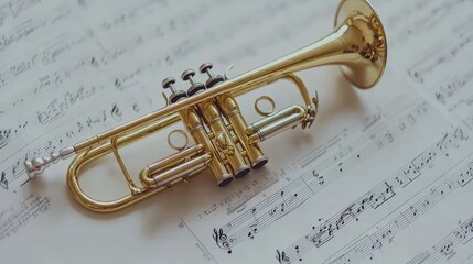 Obraz premium A shiny brass trumpet lying on a music sheet, creating a scene of classical inspiration.