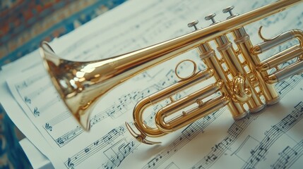 Obraz premium A shiny brass trumpet lying on a music sheet, creating a scene of classical inspiration.