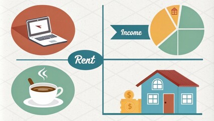 Infographic An infographic with icons representing various expenses e.g. laptop coffee rent alongside percentages of income to show distribution.