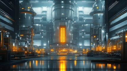 Fototapeta premium High-tech industrial facility illuminated with glowing orange and blue lights, showcasing advanced machinery and futuristic engineering.