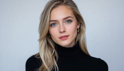 Naklejka premium Young Woman with Long Blonde Hair in Black Turtleneck Sweater, Gazing Elegantly at the Camera
