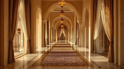 Obraz premium Lavish corridor illuminated by soft golden light, with floor-length silk curtains draping towering windows and intricately patterned rugs on polished floors.
