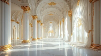  Luxurious palace interior with towering white and gold columns, silk-draped walls, and ornate arched windows letting natural light flood the opulent space.