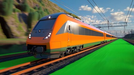 Fototapeta premium Modern High-Speed Train in Motion on Vibrant Tracks with Lush Green Surroundings Under a Bright Blue Sky for Dynamic Transportation Concepts