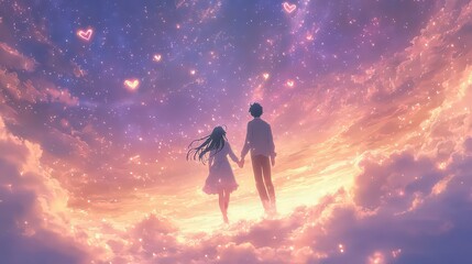 Fototapeta premium Magical anime couple floating hand-in-hand through starlit sky, surrounded by heart-shaped constellations and dreamy pink aura enveloping the serene scene.