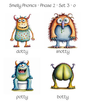Smelly Phonics - Phase 2 - Set 3 - o : dotty, snotty, potty, botty