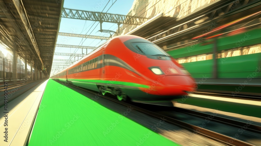 Poster High-Speed Red Train in Motion at a Modern Station with Blurred Background and Green Platform Highlighting Dynamic Travel and Technology