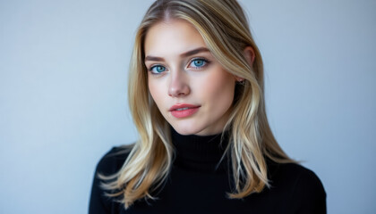 Fototapeta premium Young Woman with Long Blonde Hair in Black Turtleneck Sweater, Gazing Elegantly at the Camera