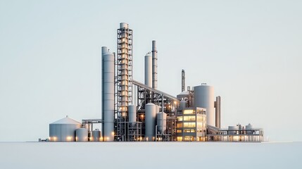  Minimalist representation of cement factory with silos, chimneys, and conveyors isolated on plain white background, creating clean, modern industrial visual.