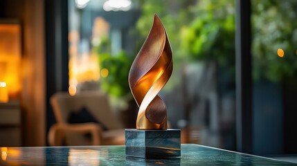  Modern golden trophy with tall, abstract design featuring angular edges, mounted on glass base, exuding sophistication and contemporary style.