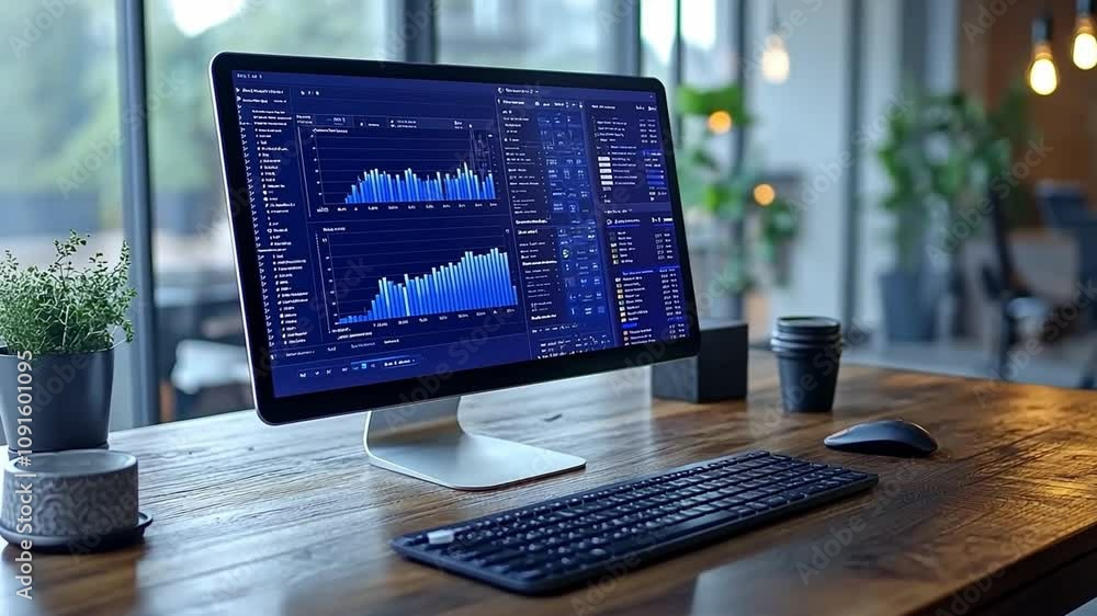 Poster modern workspace with computer displaying data analytics charts in a bright office environment